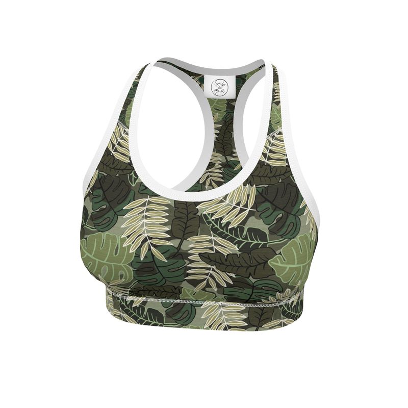 Women s Low Intensity Sports Bra Camo Leaves Light Green Heron s Loft