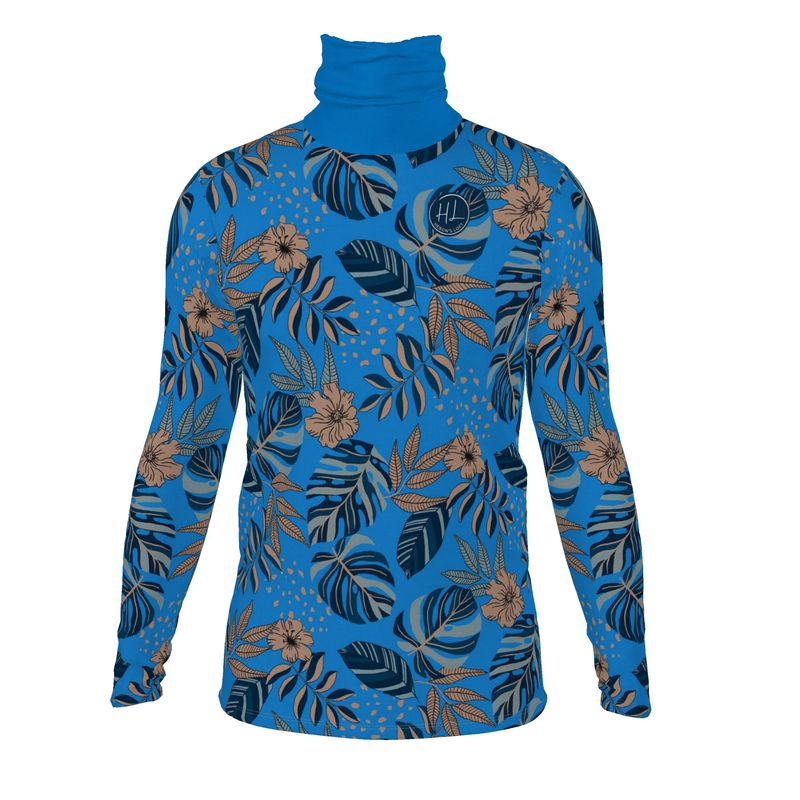 Men's High-Roll Turtleneck - Slim-Fit - Midnight Monstera - Azure Blue