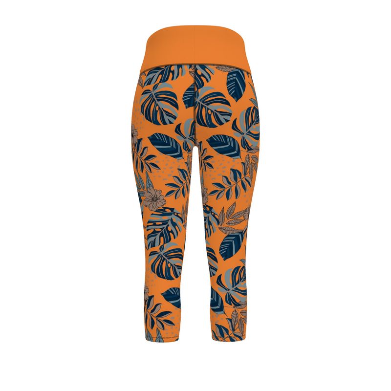 Women's High-Waist Sports Leggings - Midnight Monstera - Cadmium Orange