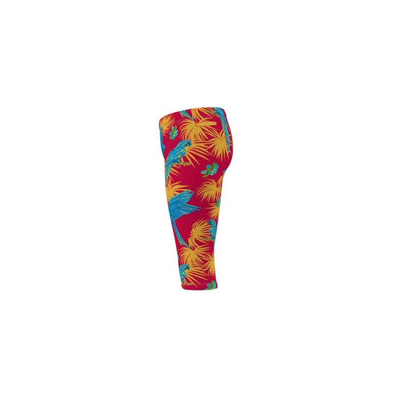 Women's Mid-Rise 3/4 Length Leggings - Tropical Macaw - Raspberry Red