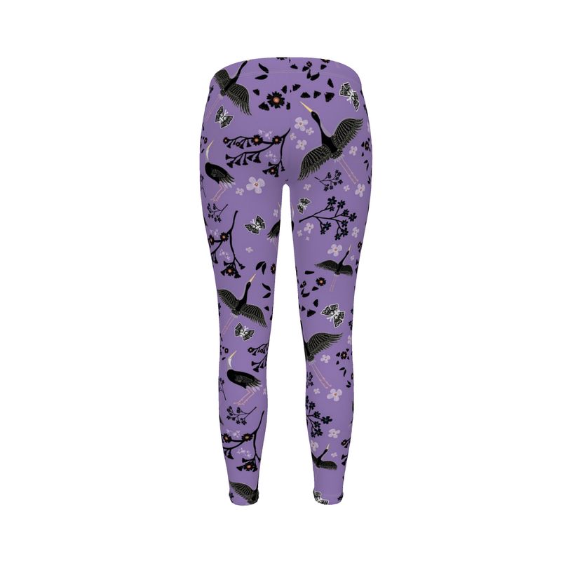 Women’s Mid-Rise Full-Length Leggings - White Crane - Amethyst Ascent