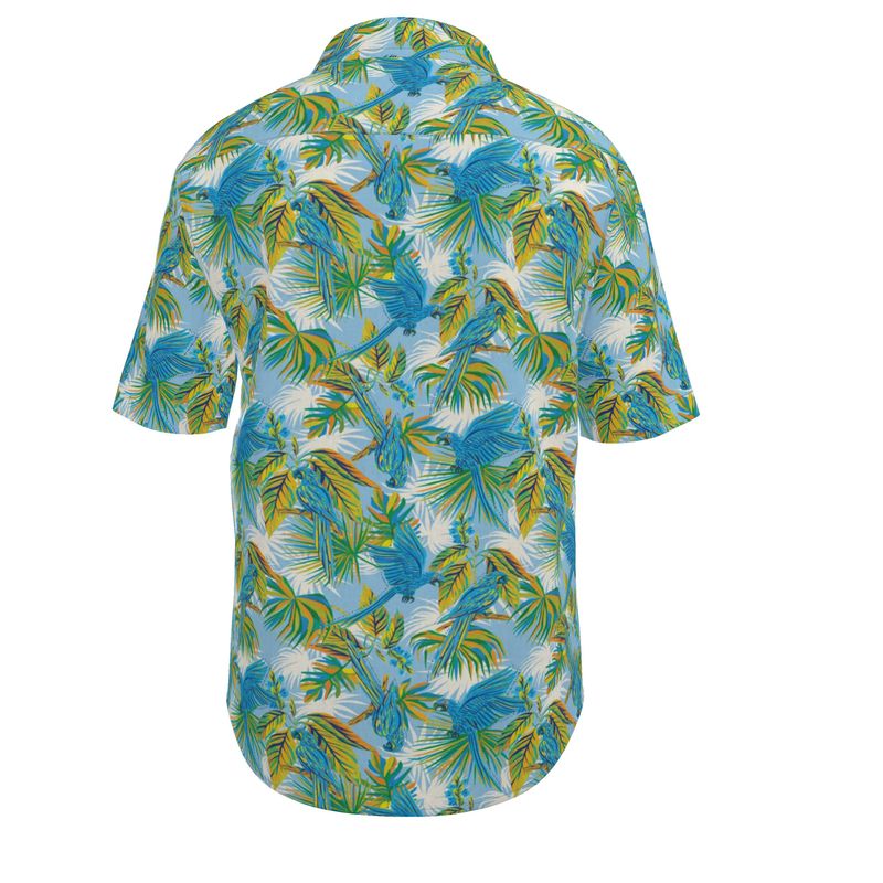 Men's Button Up T-Shirt - Tropical Macaw - Coastal Blue