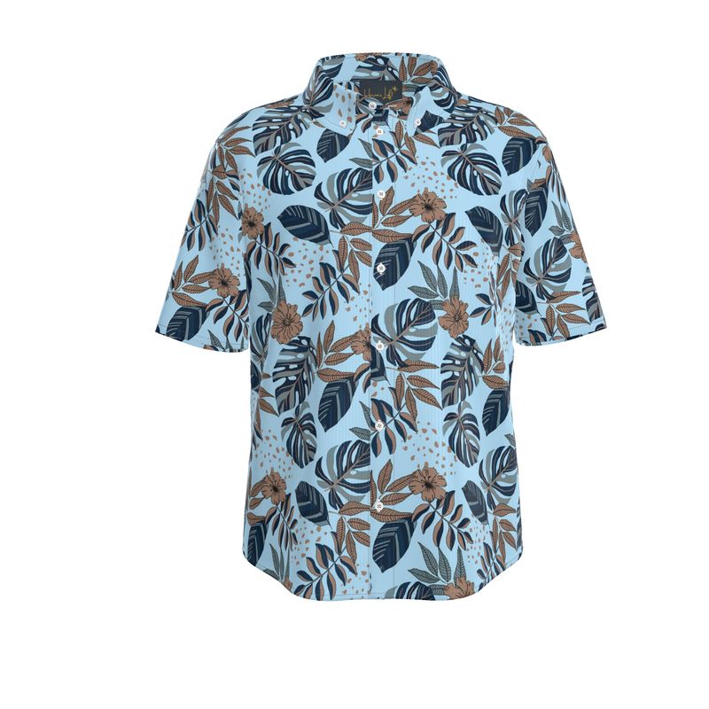 Midnight Monstera Sky Blue Men's Button-Up Shirt