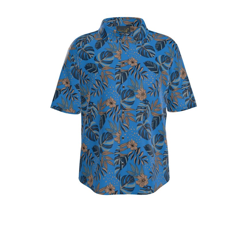 Midnight Monstera Azure Blue Men’s Button-Up Dress Shirt