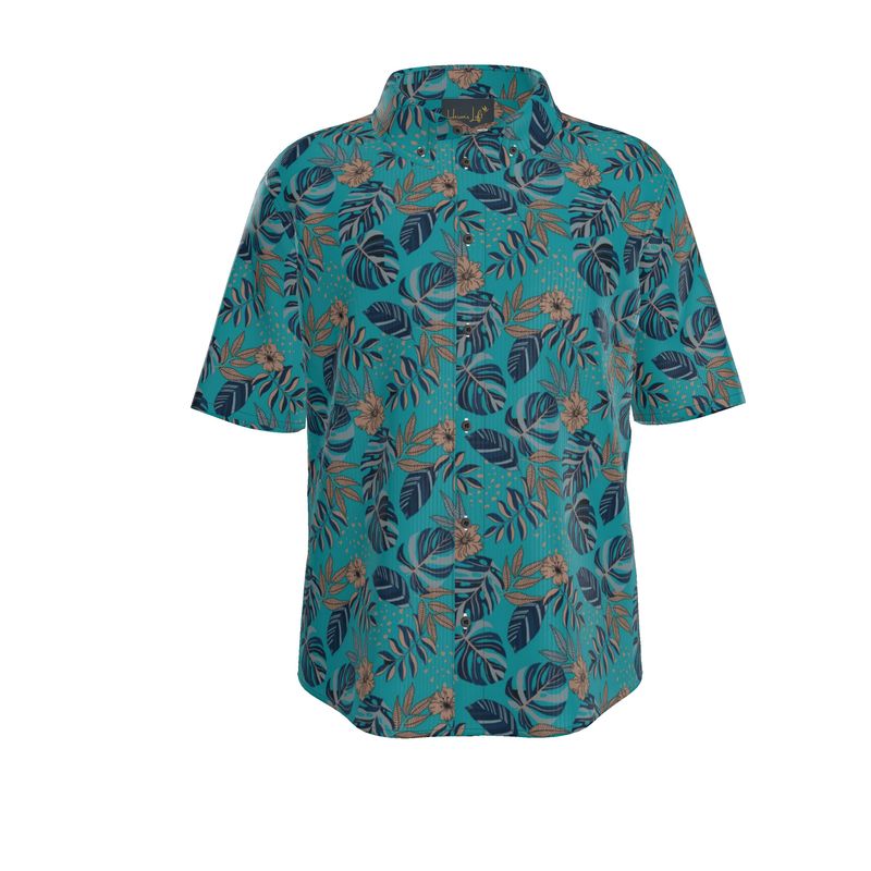 Midnight Monstera Cyan Noir Men’s Button-Up Dress Shirt