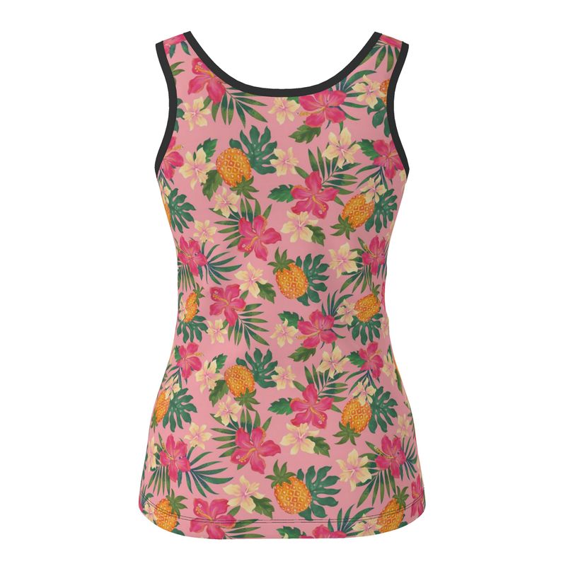 Women's Tank Top — Black Trim — Pineapple Paradise Hibiscus Blush