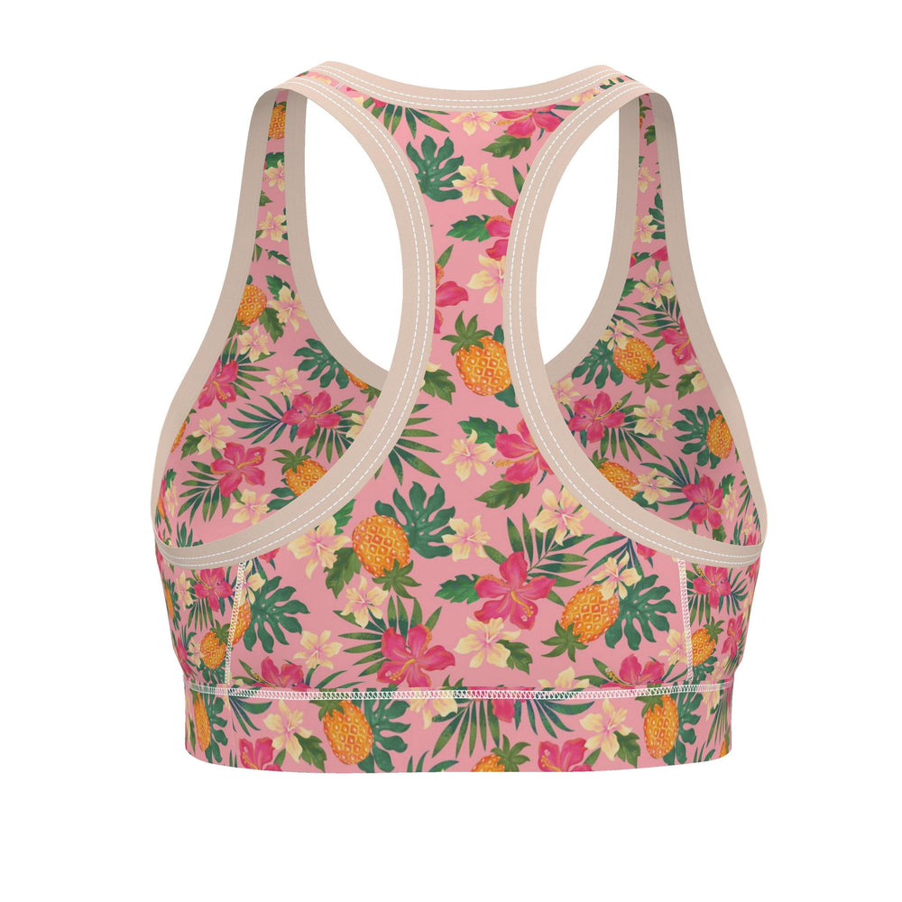 Women's Low Impact Sports Bra — Pineapple Paradise Hibiscus Blush