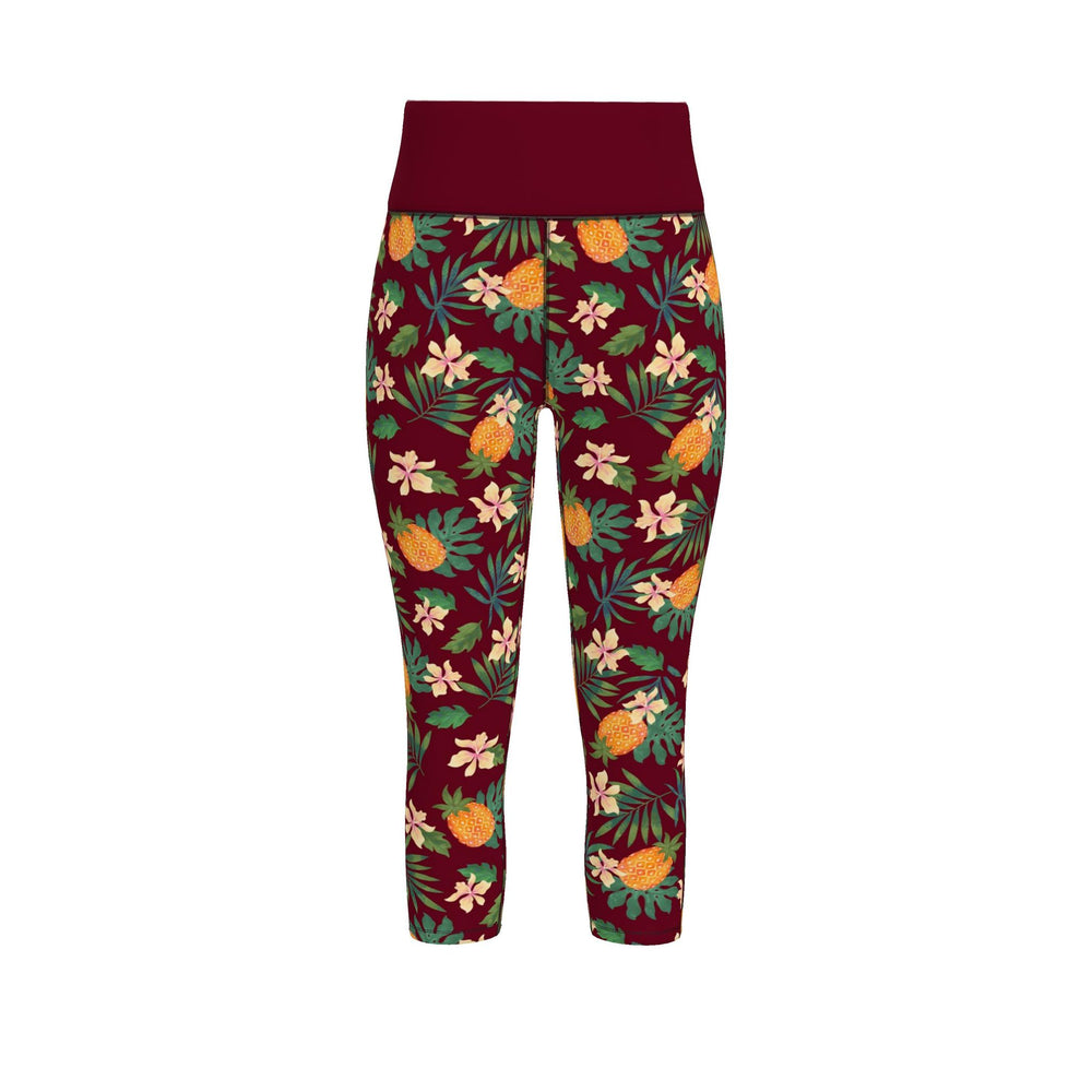 Women’s High-Waist Capri Performance Leggings — Pineapple Paradise — Burgundy