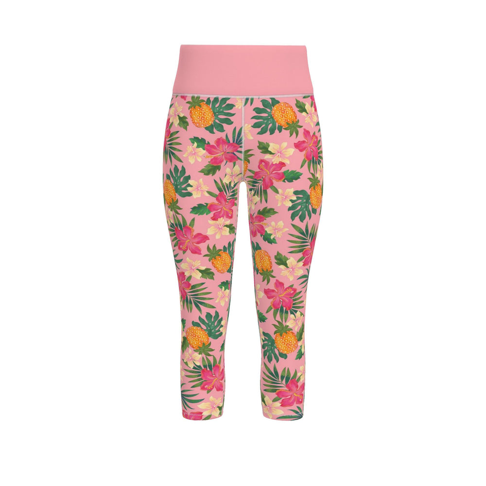 Women's High-Waist Performance Leggings — Pineapple Paradise — Hibiscus Blush