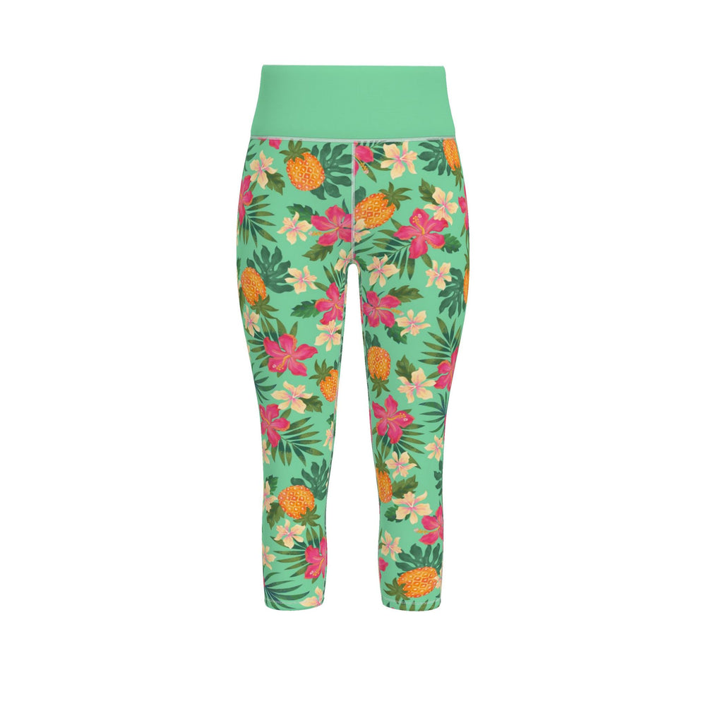 Women's High-Waist Performance Leggings — Capri — Pineapple Paradise — Aloe Mist