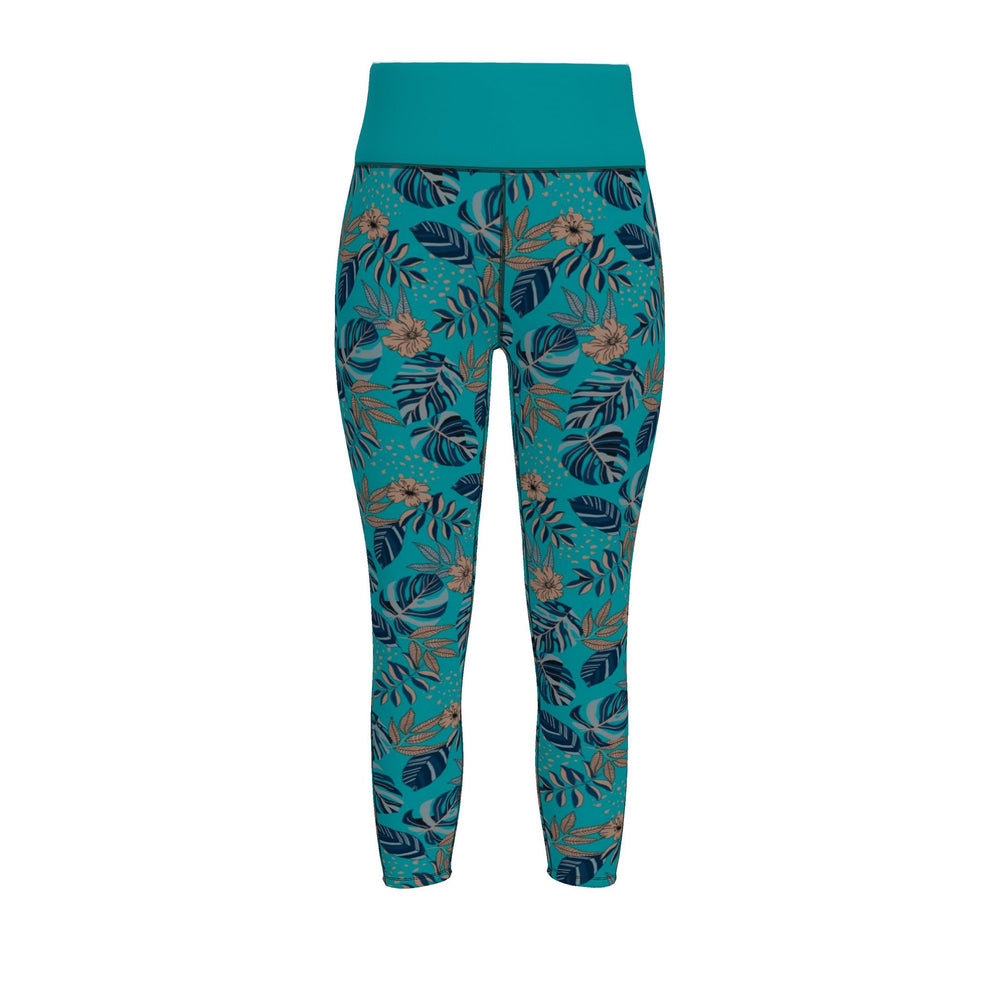 Women's High-Waist Full-Length Performance Leggings — Midnight Monstera — Cyan Noir
