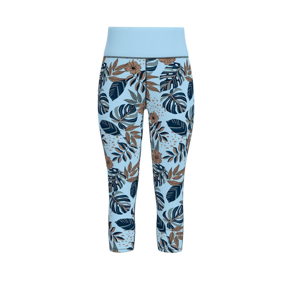 Women's High-Waist Performance Leggings — Capri — Midnight Monstera — Bluehaven