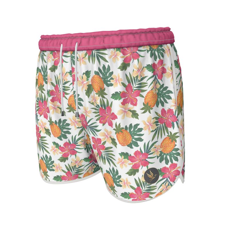 Women's Athletic Shorts — White Trim — Pineapple Paradise Coral Dreams