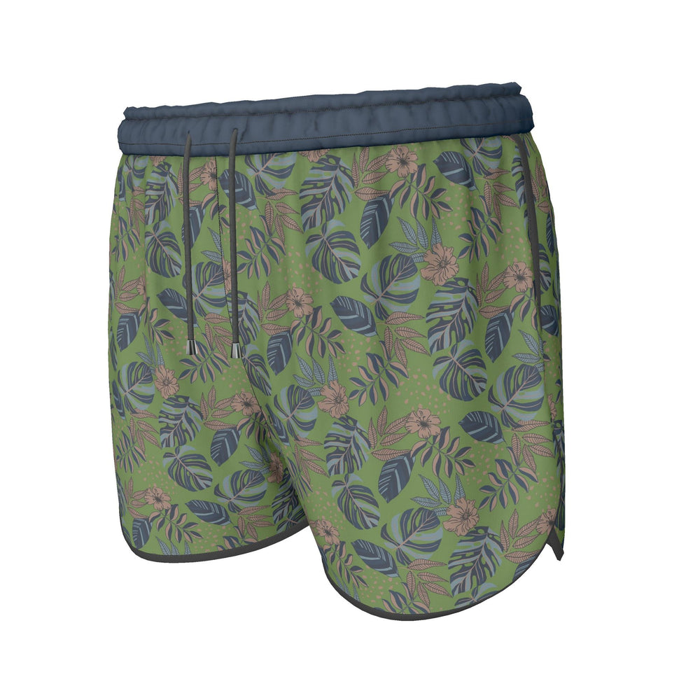 Women's Athletic Shorts — Black Trim — Midnight Monstera Olive Green