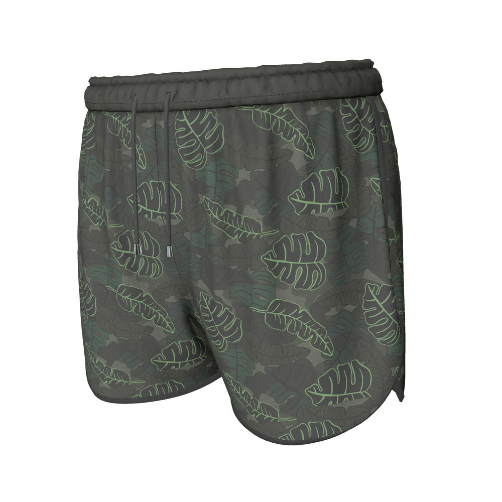 Women's Athletic Shorts — Black Trim — Camo Leaves Sage Noir