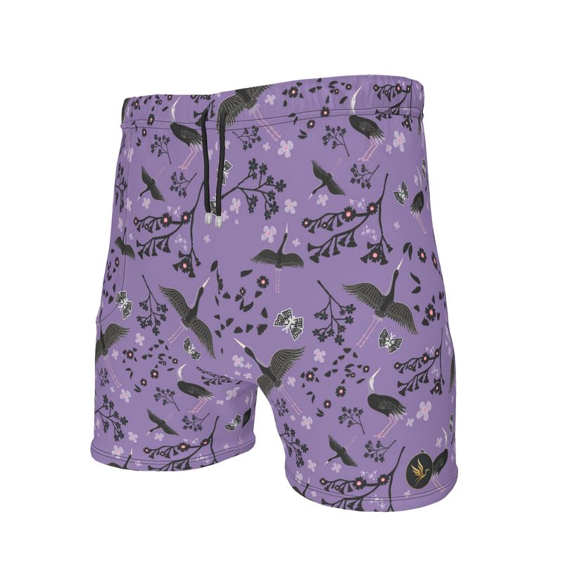 Men's Mid-Thigh Gym Shorts — White Crane Amethyst