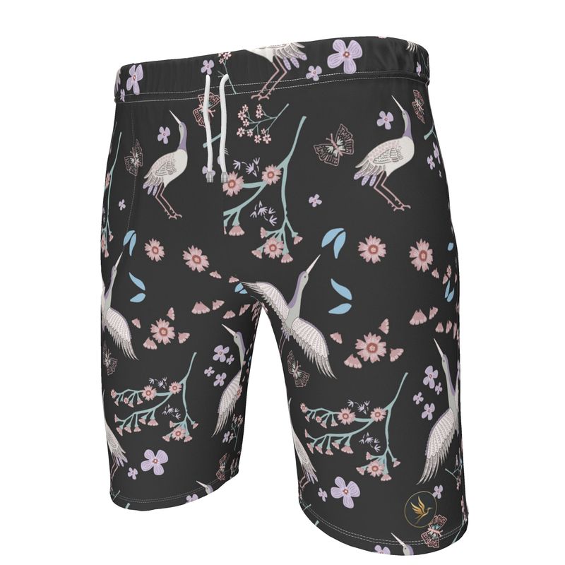 Men's Knee-Length Gym Shorts — White Crane Onyx
