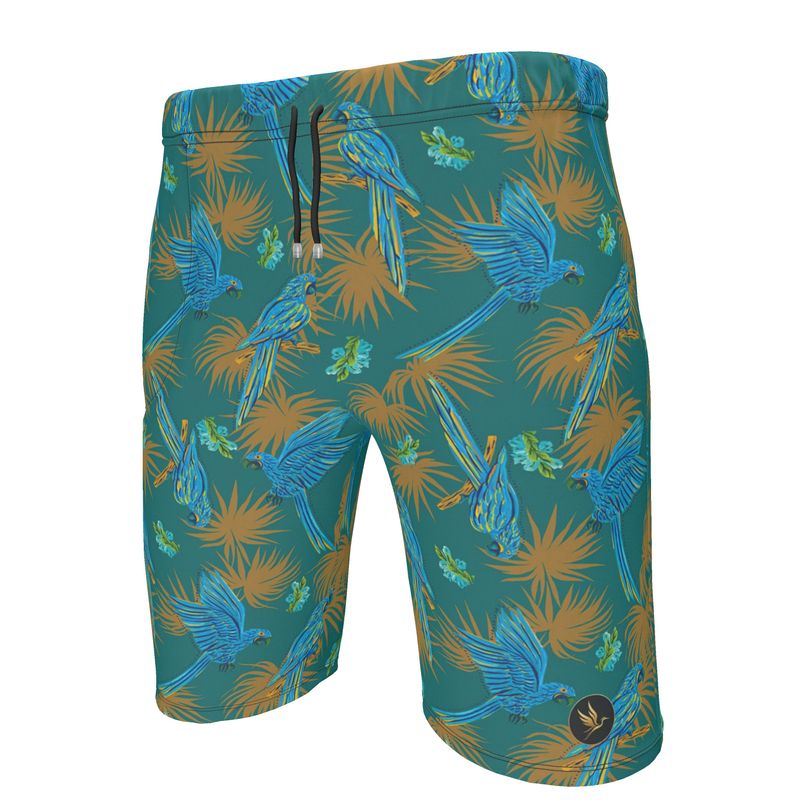 Men's Knee-Length Gym Shorts — Tropical Macaw Palm Teal