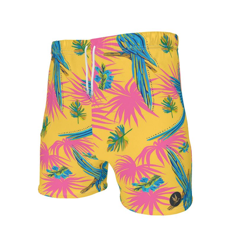 Men's Mid-Thigh Gym Shorts — Tropical Macaw Sunny Fuchsia