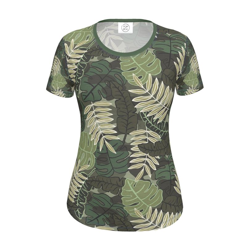 Women's Athletic Crew Neck T-Shirt - Slim Fit - Camo Leaves - Light Green