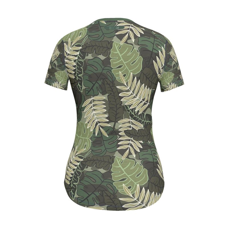 Women's Athletic Crew Neck T-Shirt - Slim Fit - Camo Leaves - Light Green