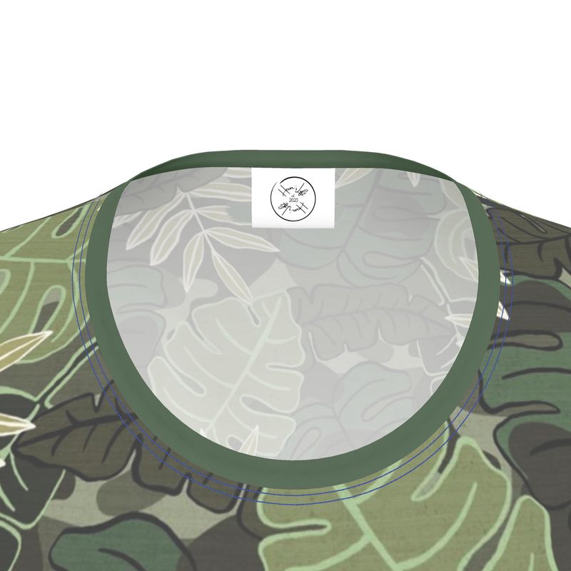 Women's Athletic Crew Neck T-Shirt - Slim Fit - Camo Leaves - Light Green