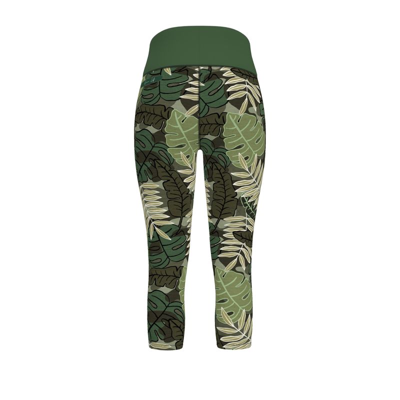 Women’s High-Waist Sports Leggings - Camo Leaves - Light Green