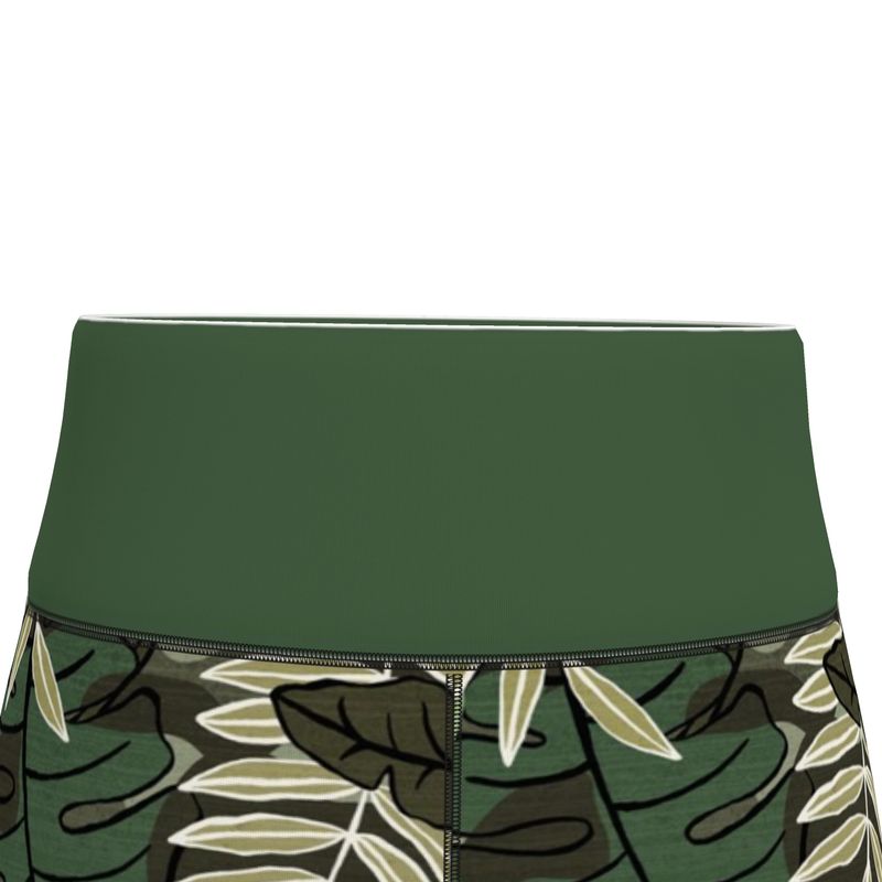 Women’s High-Waist Sports Leggings - Camo Leaves - Light Green