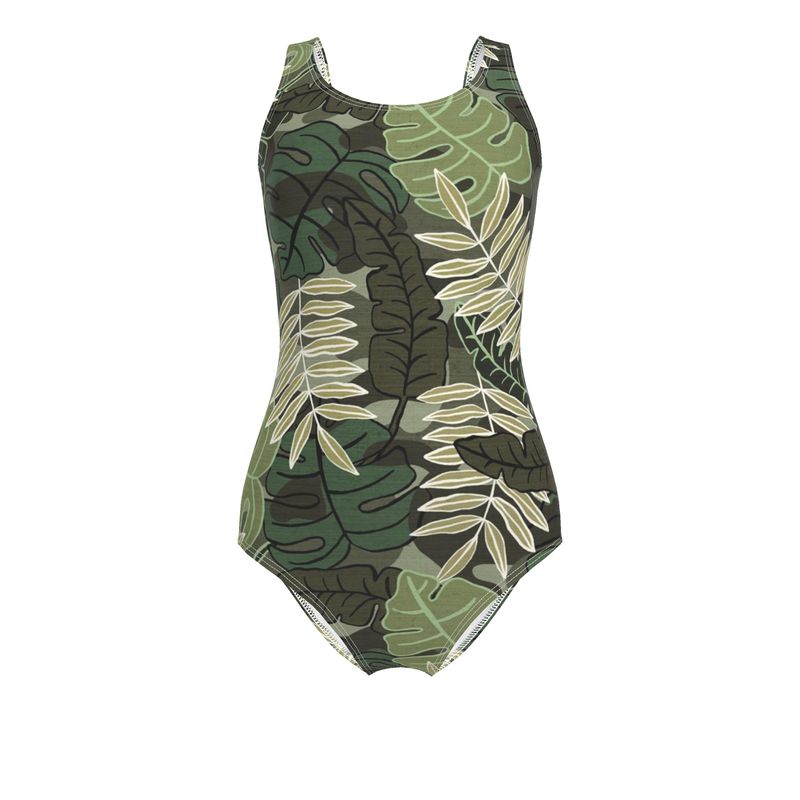 Women's One-Piece Swimsuit - Camo Leaves - Light Green