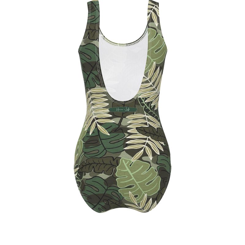 Women's One-Piece Swimsuit - Camo Leaves - Light Green