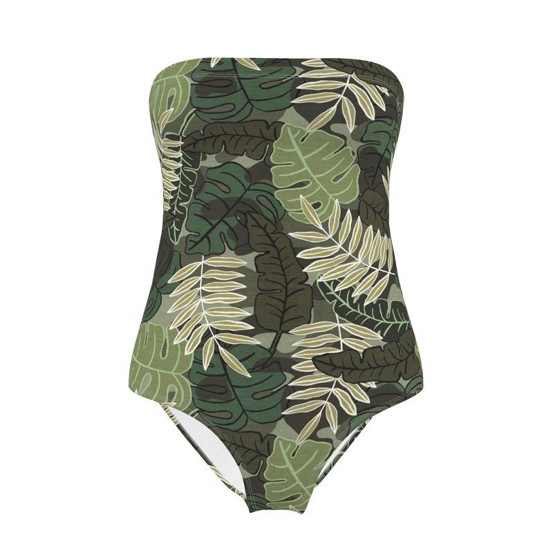 Women's Strapless Swimsuit - Camo Leaves - Light Green