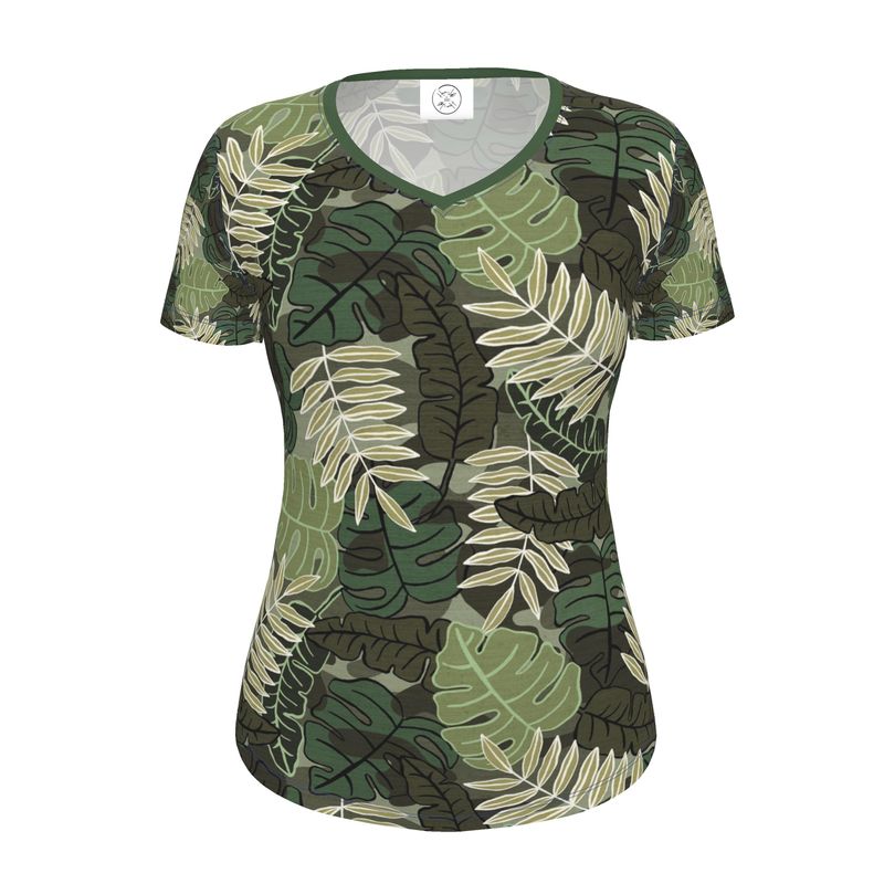 Women’s Athletic V-Neck T-Shirt - Slim Fit - Camo Leaves - Light Green