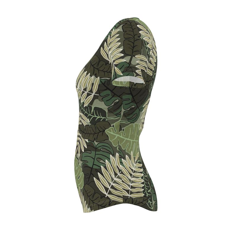 Women’s Athletic V-Neck T-Shirt - Camo Leaves - Sage Green