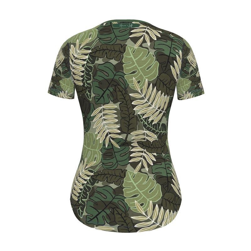 Women’s Athletic V-Neck T-Shirt - Slim Fit - Camo Leaves - Light Green