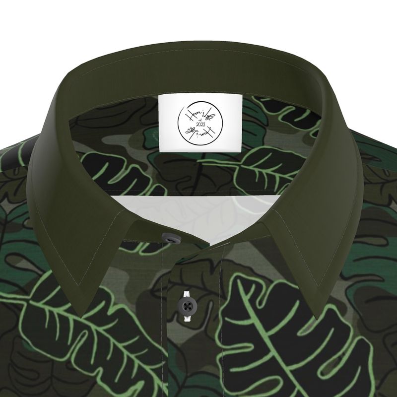 Men's Button-Up Dress Shirt - Camo Leaves - Dark Green