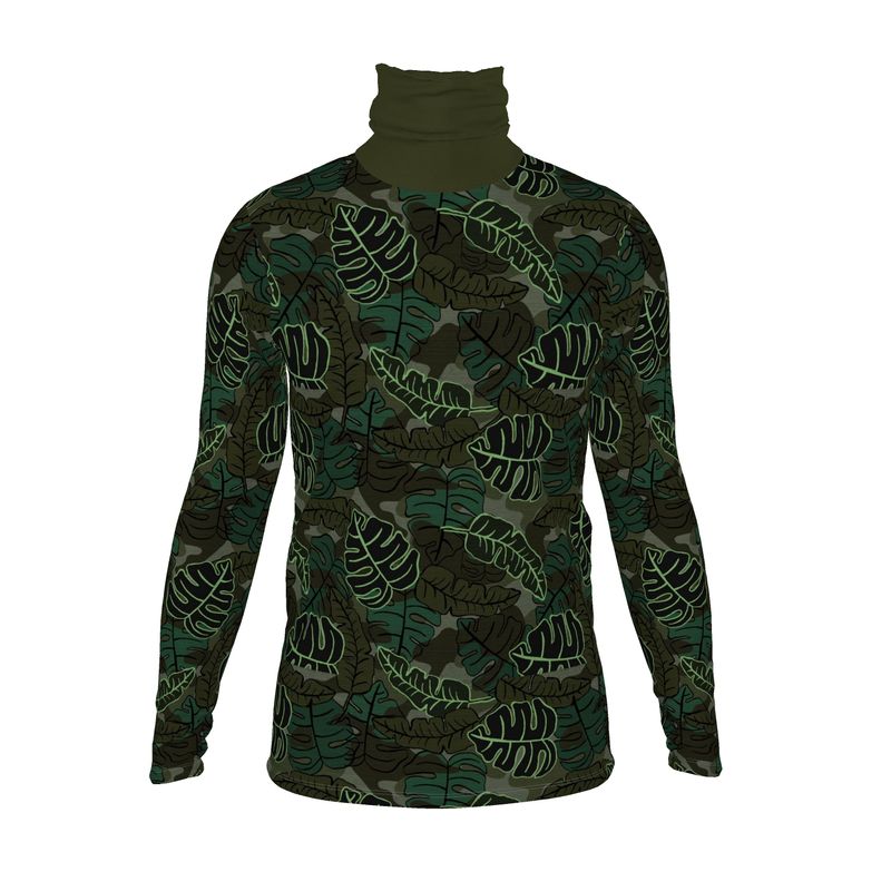 Men’s High-Roll Turtleneck - Camo Leaves - Dark Green