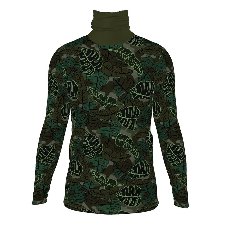 Men’s High-Roll Turtleneck - Camo Leaves - Dark Green