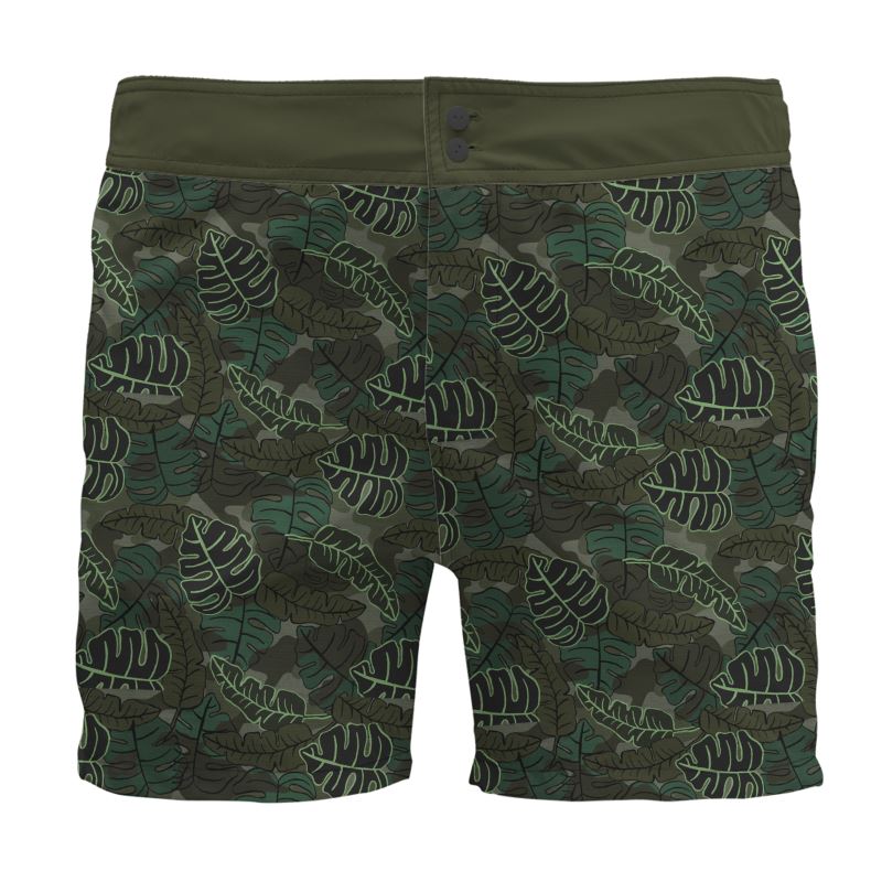 Men's Board Shorts - Camo Leaves - Dark Green