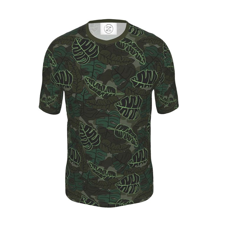 Men’s Athletic V-Neck T-Shirt - Camo Leaves - Dark Green