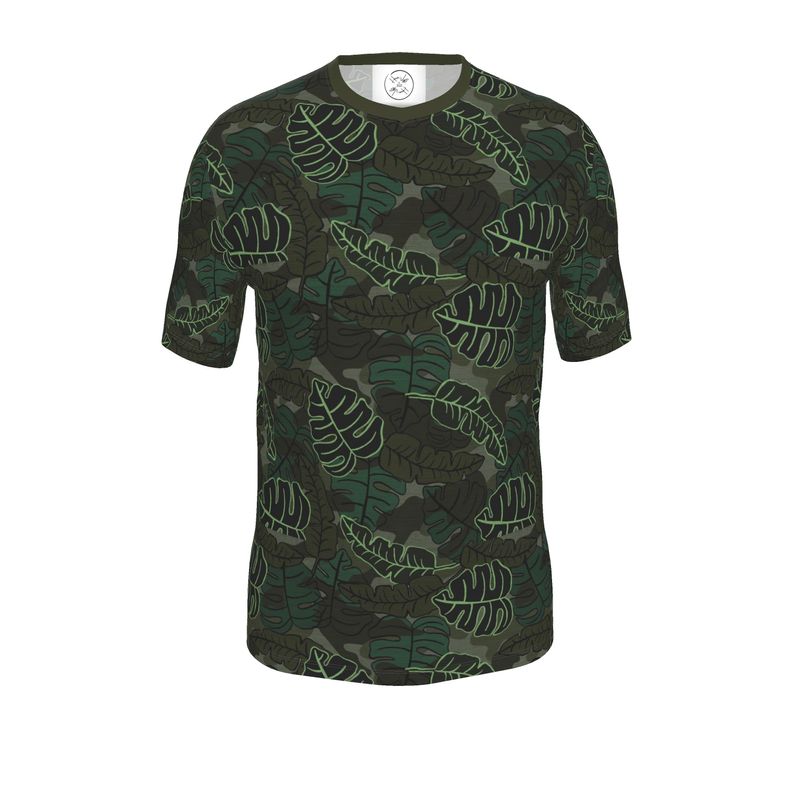 Men’s Athletic V-Neck T-Shirt - Camo Leaves - Dark Green