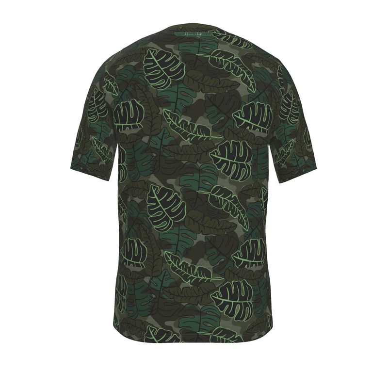 Men’s Athletic V-Neck T-Shirt - Camo Leaves - Dark Green