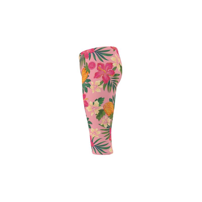 Women’s Mid-Rise ¾ Length Leggings - Pineapple Paradise - Hibiscus Blush