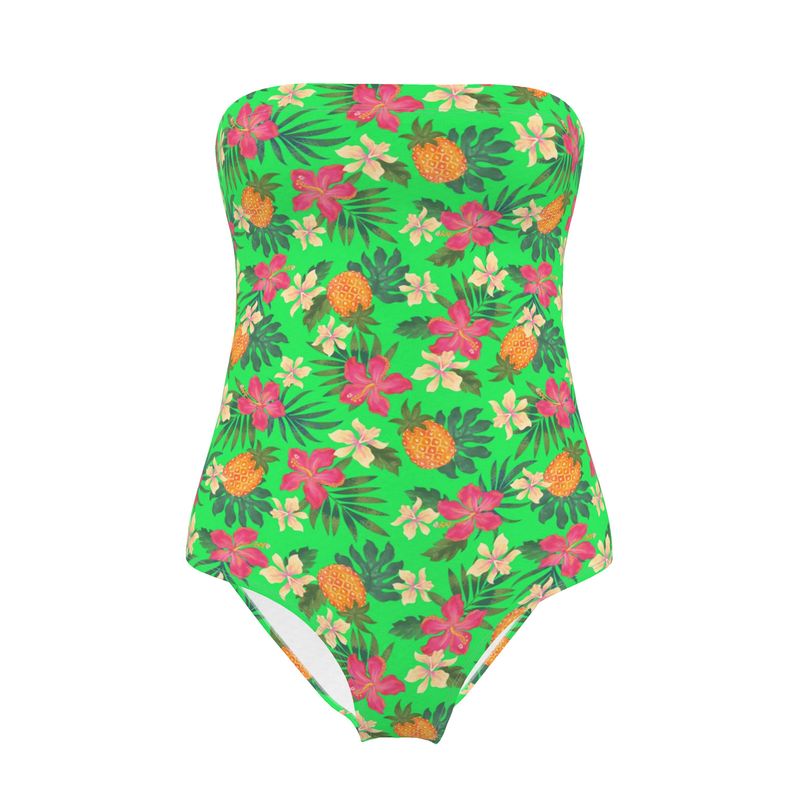 Women’s Strapless Swimsuit - Pineapple Paradise - Tropical Green