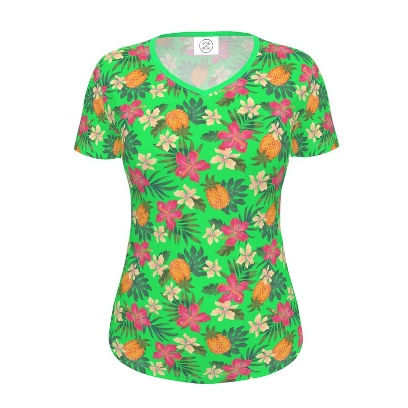 Women's Athletic V-Neck T-Shirt - Slim Fit - Pineapple Paradise - Tropical Green