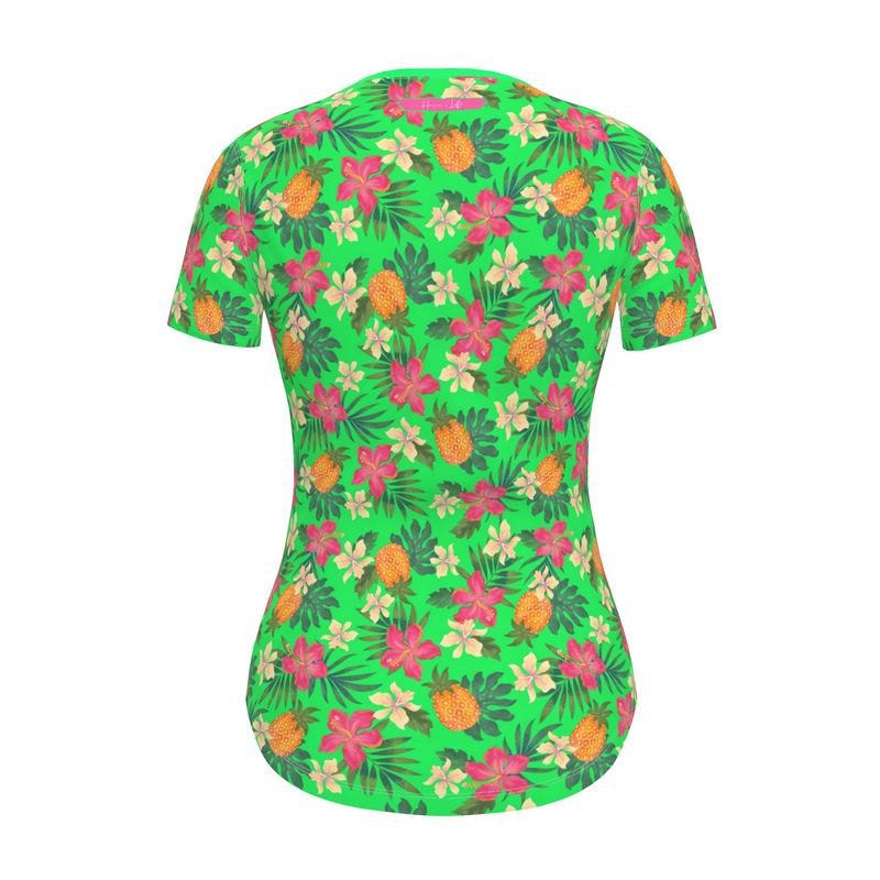 Women's Athletic V-Neck T-Shirt - Slim Fit - Pineapple Paradise - Tropical Green