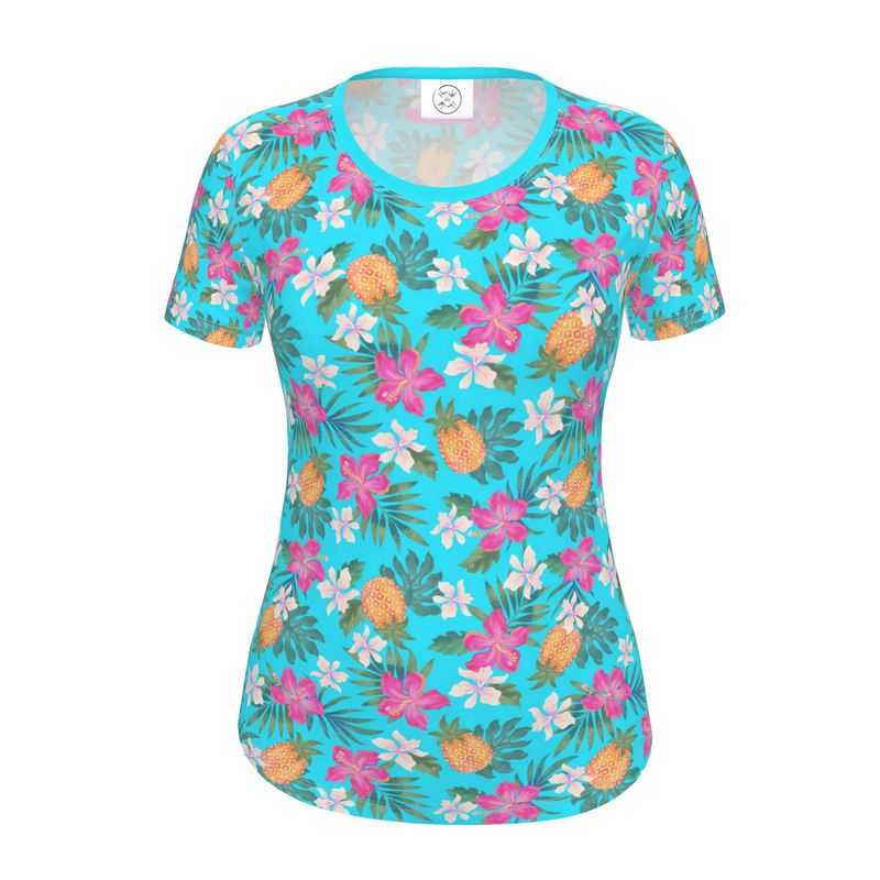 Women's Athletic Crew Neck T-Shirt - Slim Fit - Pineapple Paradise - Tropical Blue