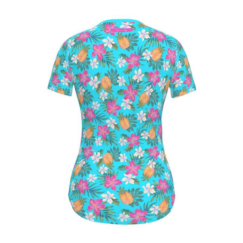 Women's Athletic Crew Neck T-Shirt - Slim Fit - Pineapple Paradise - Tropical Blue