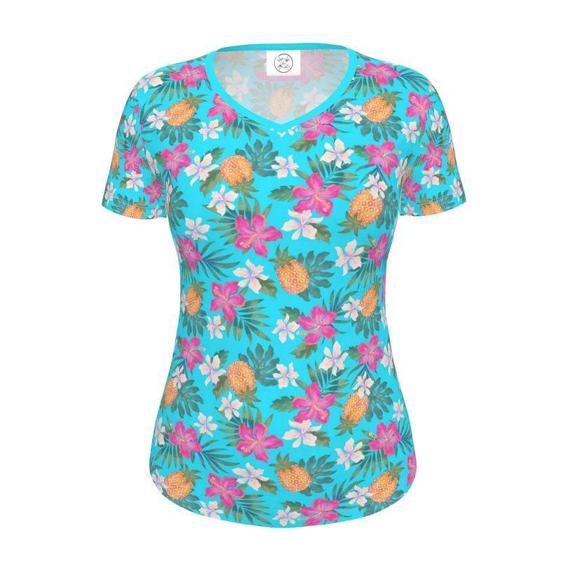 Women's Athletic V-Neck T-Shirt - Slim Fit - Pineapple Paradise - Tropical Blue