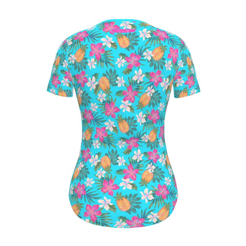 Women's Athletic V-Neck T-Shirt - Slim Fit - Pineapple Paradise - Tropical Blue