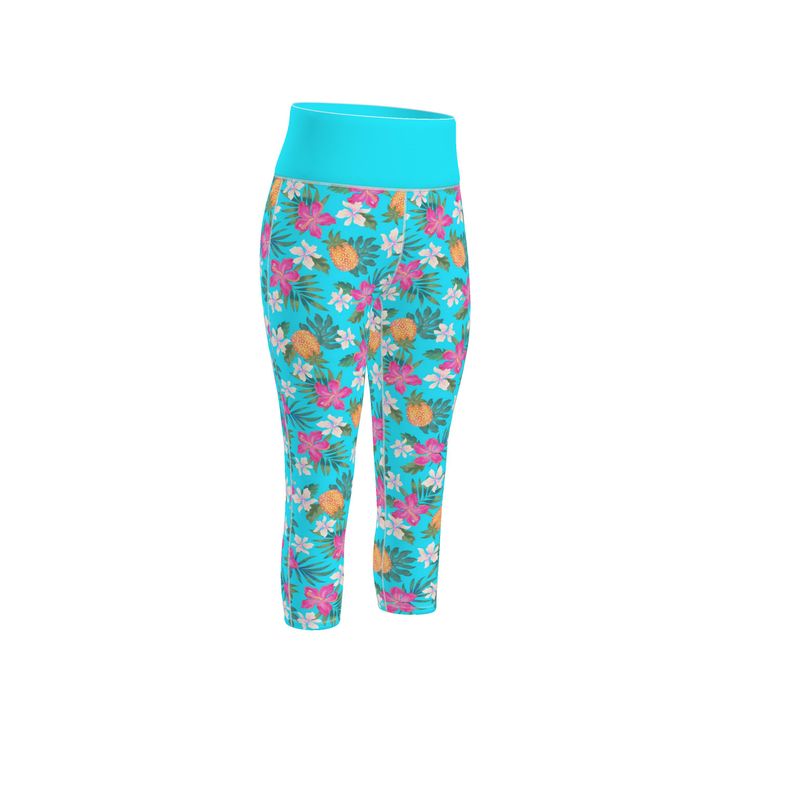 Women's High-Waist Sports Leggings - Pineapple Paradise - Tropical Blue